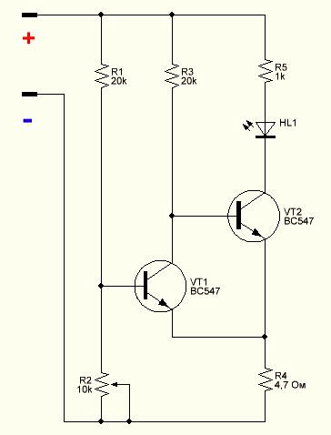 Индикатор разряда аккумуляторной батареи на двух транзисторах