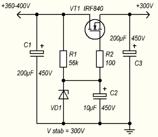 Схема стабилизатора анодного напряжения на транзисторе IRF840