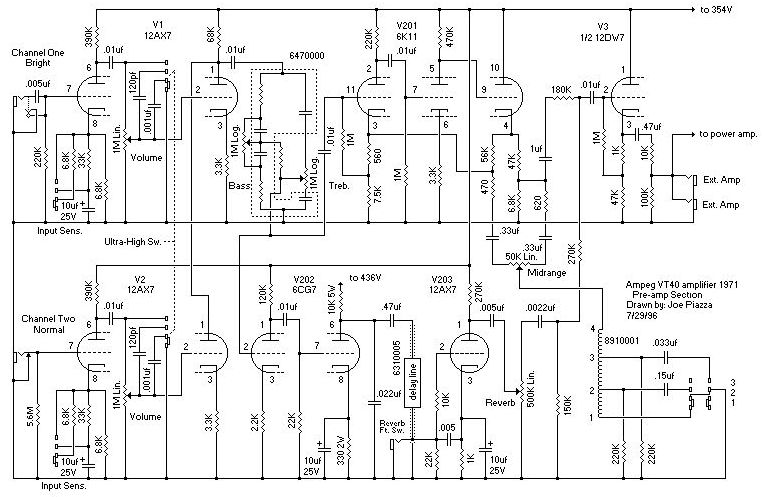 Принципиальная схема гитарного преампа Ampeg VT40 Preamp 