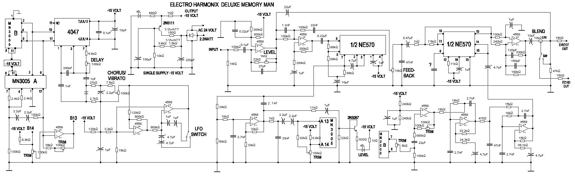 Принципиальная схема эффекта Electro Harmonix Deluxe Memory Man