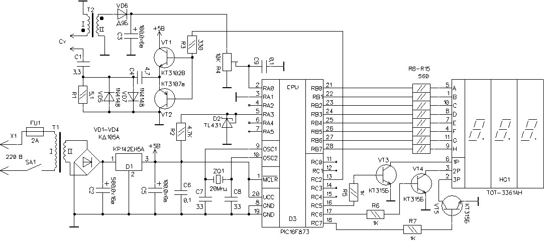 Простой измеритель ESR электролитических конденсаторов на микроконтроллере  PIC16F873